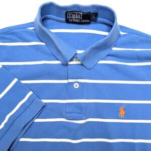 Polo Ralph Lauren Vintage Mens Polo Shirt - Large Blue White Stripe Y2K